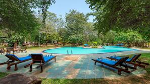 Outdoor pool, pool umbrellas, pool loungers
