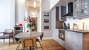Fridge, microwave, stovetop, espresso maker
