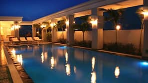 Outdoor pool, pool umbrellas, pool loungers