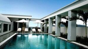 Outdoor pool, pool umbrellas, pool loungers