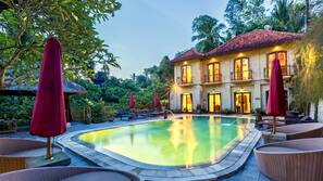 Outdoor pool, pool umbrellas, pool loungers
