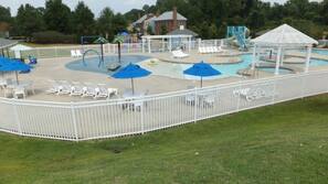 Seasonal outdoor pool, pool umbrellas, pool loungers