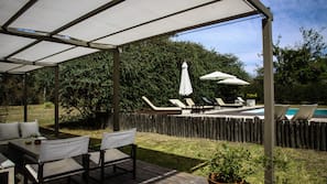 Outdoor pool, pool umbrellas, sun loungers