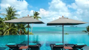 Outdoor pool, free pool cabanas, pool umbrellas
