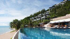 Outdoor pool, free pool cabanas, pool umbrellas