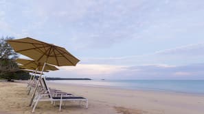 Private beach, white sand, sun-loungers, beach umbrellas