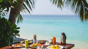 Private beach, white sand, sun loungers, beach umbrellas