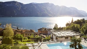 Outdoor pool, pool umbrellas, pool loungers