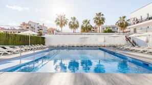 Outdoor pool, pool umbrellas, pool loungers
