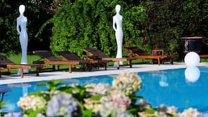 Outdoor pool, pool umbrellas, pool loungers