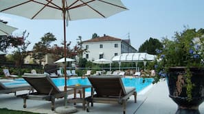 Outdoor pool, pool umbrellas, pool loungers