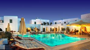 Seasonal outdoor pool, open 11 AM to 8 PM, pool umbrellas, sun loungers