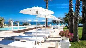 Seasonal outdoor pool, pool umbrellas, pool loungers