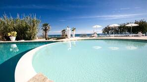 Seasonal outdoor pool, pool umbrellas, pool loungers
