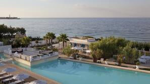 Seasonal outdoor pool, pool umbrellas, pool loungers