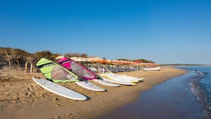 On the beach, sun loungers, beach umbrellas, windsurfing