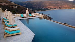 Outdoor pool, pool umbrellas, pool loungers