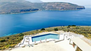 Outdoor pool, pool umbrellas, pool loungers