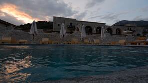 Outdoor pool, pool umbrellas, pool loungers