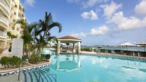 6 outdoor pools, pool umbrellas, sun loungers