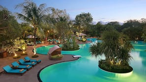2 outdoor pools, open 8:00 AM to 8:00 PM, pool umbrellas, pool loungers