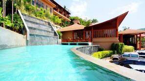 Outdoor pool, pool umbrellas