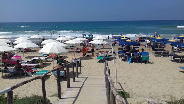 Una spiaggia nelle vicinanze, sabbia bianca, lettini da mare, ombrelloni