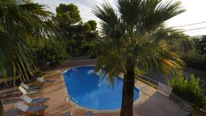 Seasonal outdoor pool, open 8 AM to 8 PM, pool loungers