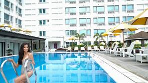 Outdoor pool, sun loungers