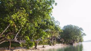On the beach, sun-loungers, beach towels, snorkelling