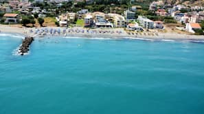 On the beach, sun-loungers, beach umbrellas, beach towels