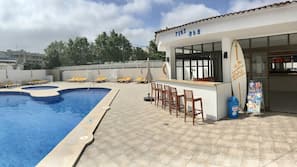Seasonal outdoor pool, pool umbrellas, pool loungers