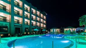 Outdoor pool, pool umbrellas, pool loungers