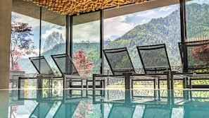 Indoor pool, outdoor pool, open 9:00 AM to 8:00 PM, pool umbrellas