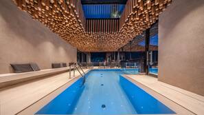Indoor pool, outdoor pool, open 9:00 AM to 8:00 PM, pool umbrellas