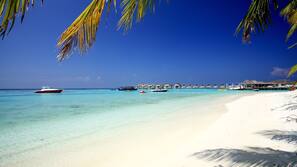 Private beach, white sand, beach towels, windsurfing