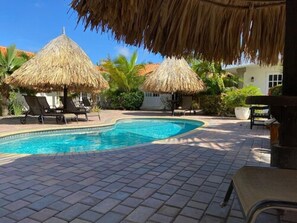 Outdoor pool, sun loungers