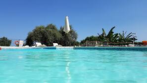 Outdoor pool, pool umbrellas, pool loungers