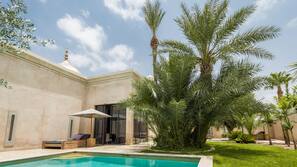 Una piscina al aire libre, sombrillas, tumbonas