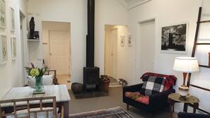 TV, fireplace, DVD player, books