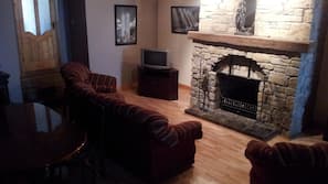 30-inch TV with cable channels, fireplace