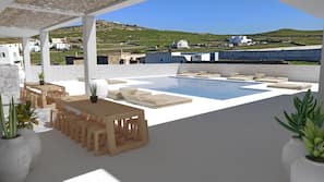 Seasonal outdoor pool, pool umbrellas, sun loungers
