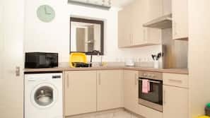 Fridge, microwave, hob, electric kettle