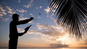 On the beach, sun-loungers, beach umbrellas, beach towels