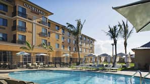 Outdoor pool, pool umbrellas, sun loungers