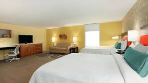 Hypo-allergenic bedding, desk, laptop workspace, blackout drapes