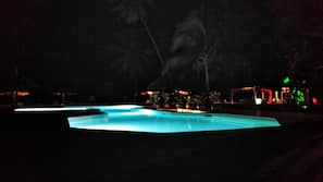 Outdoor pool, pool umbrellas, pool loungers