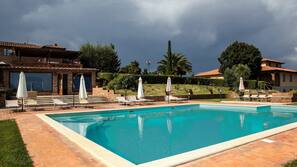 Seasonal outdoor pool, pool loungers
