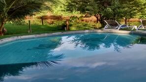 Piscine extérieure, chaises longues