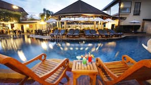 Outdoor pool, pool umbrellas, pool loungers